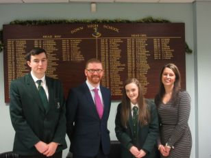 Health Minister Simon Hamilton talks to Health and Social Care pupils